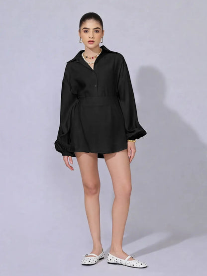 Women's Black Oversized Shirt & Shorts Co-Ord Set