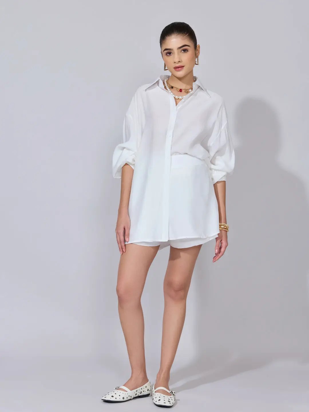 Women's White Oversized Shirt & Shorts Co-Ord Set