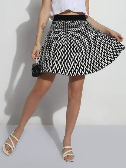 Women's Abstract Black Flared Mini Skirt