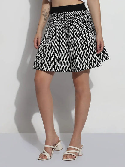 Women's Abstract Black Flared Mini Skirt