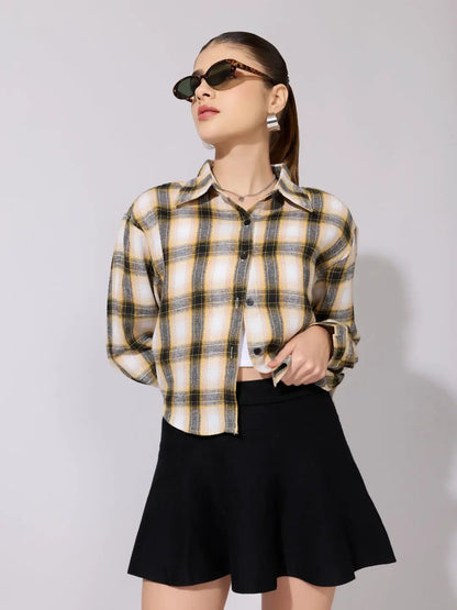 Women's Plaid Check Yellow Casual Button-Down Shirt