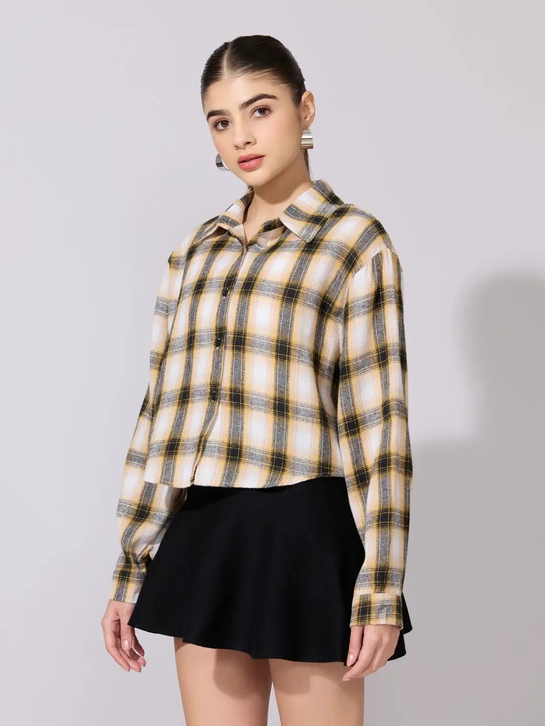 Women's Plaid Check Yellow Casual Button-Down Shirt