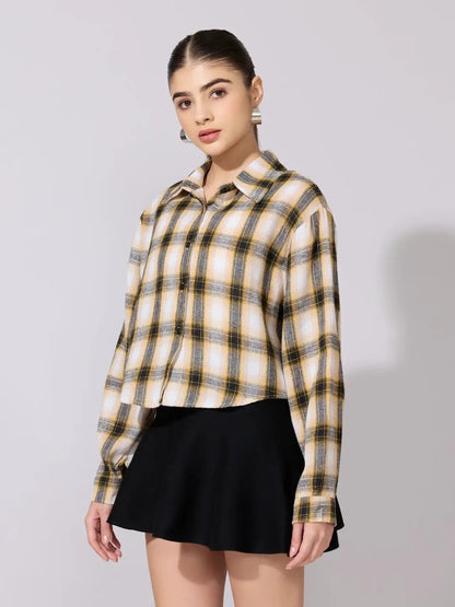 Women's Plaid Check Yellow Casual Button-Down Shirt