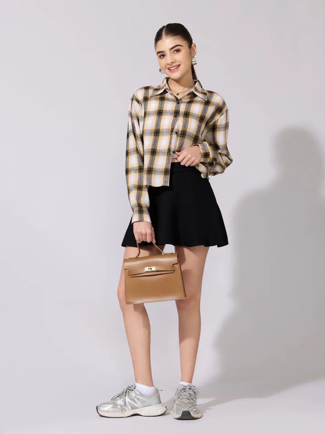Women's Plaid Check Yellow Casual Button-Down Shirt