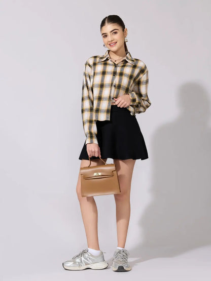 Women's Plaid Check Yellow Casual Button-Down Shirt