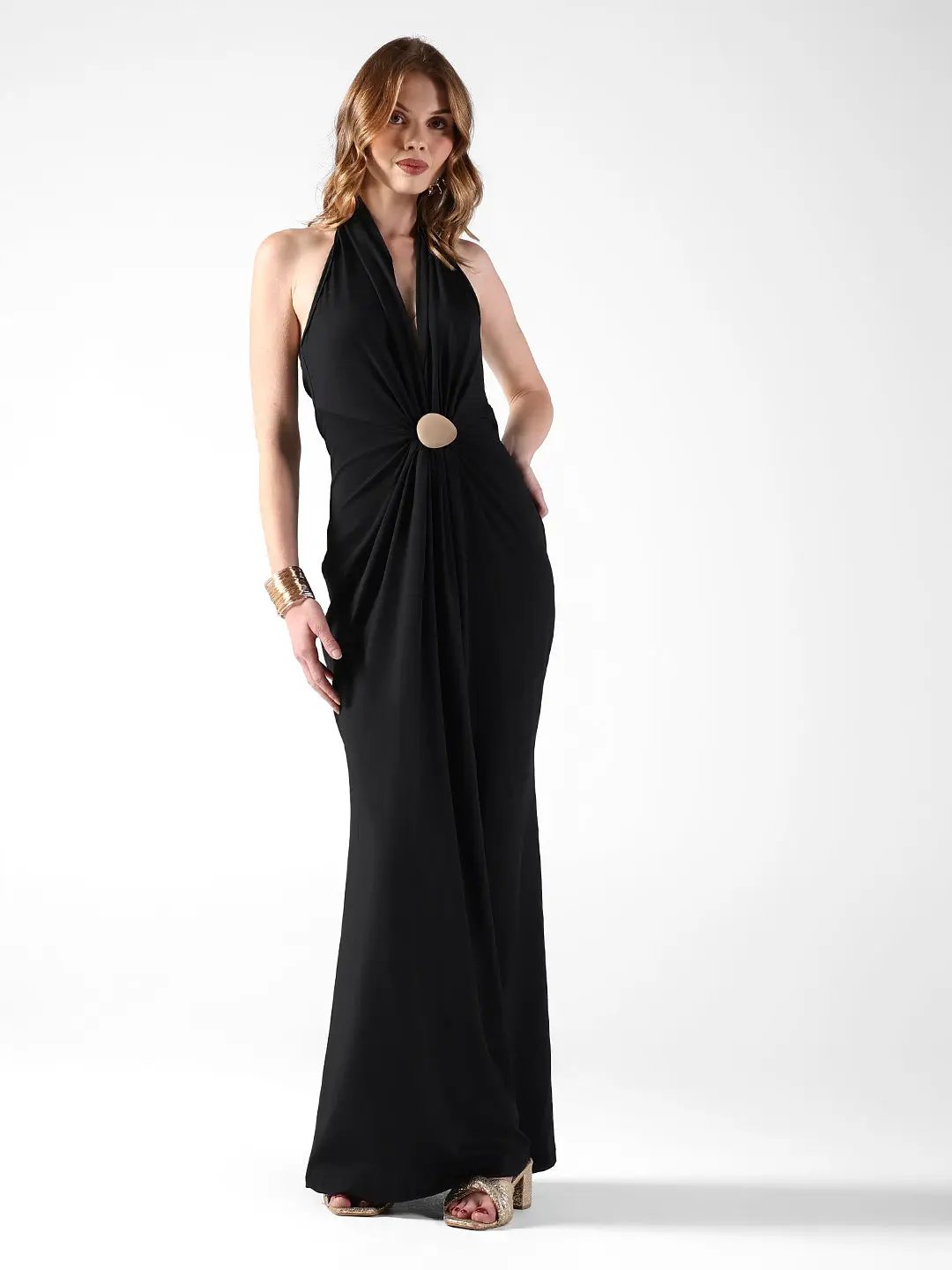 Women's Black Halter Neck Maxi Dress with Draped Waist