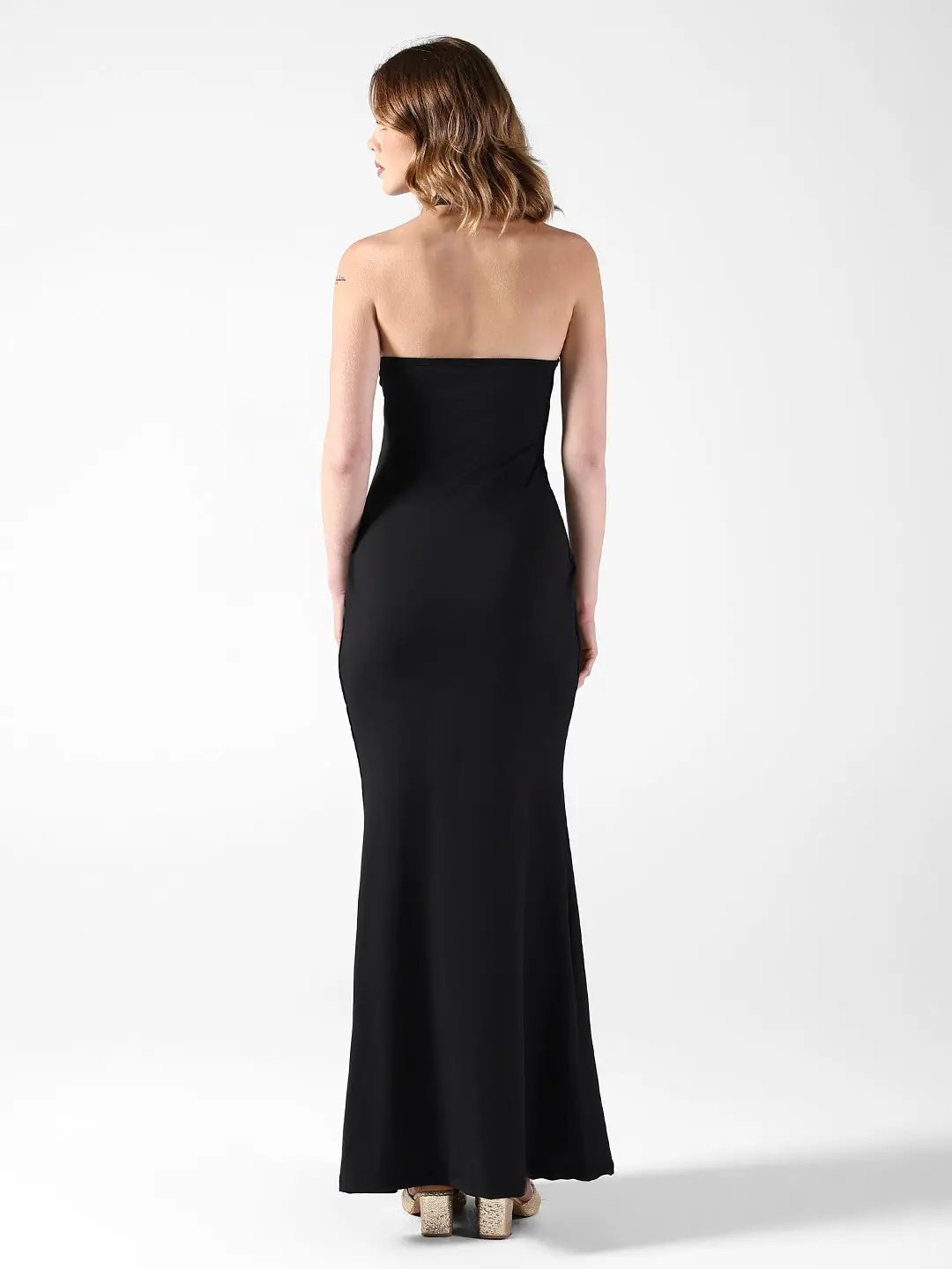 Women's Black Halter Neck Maxi Dress with Draped Waist