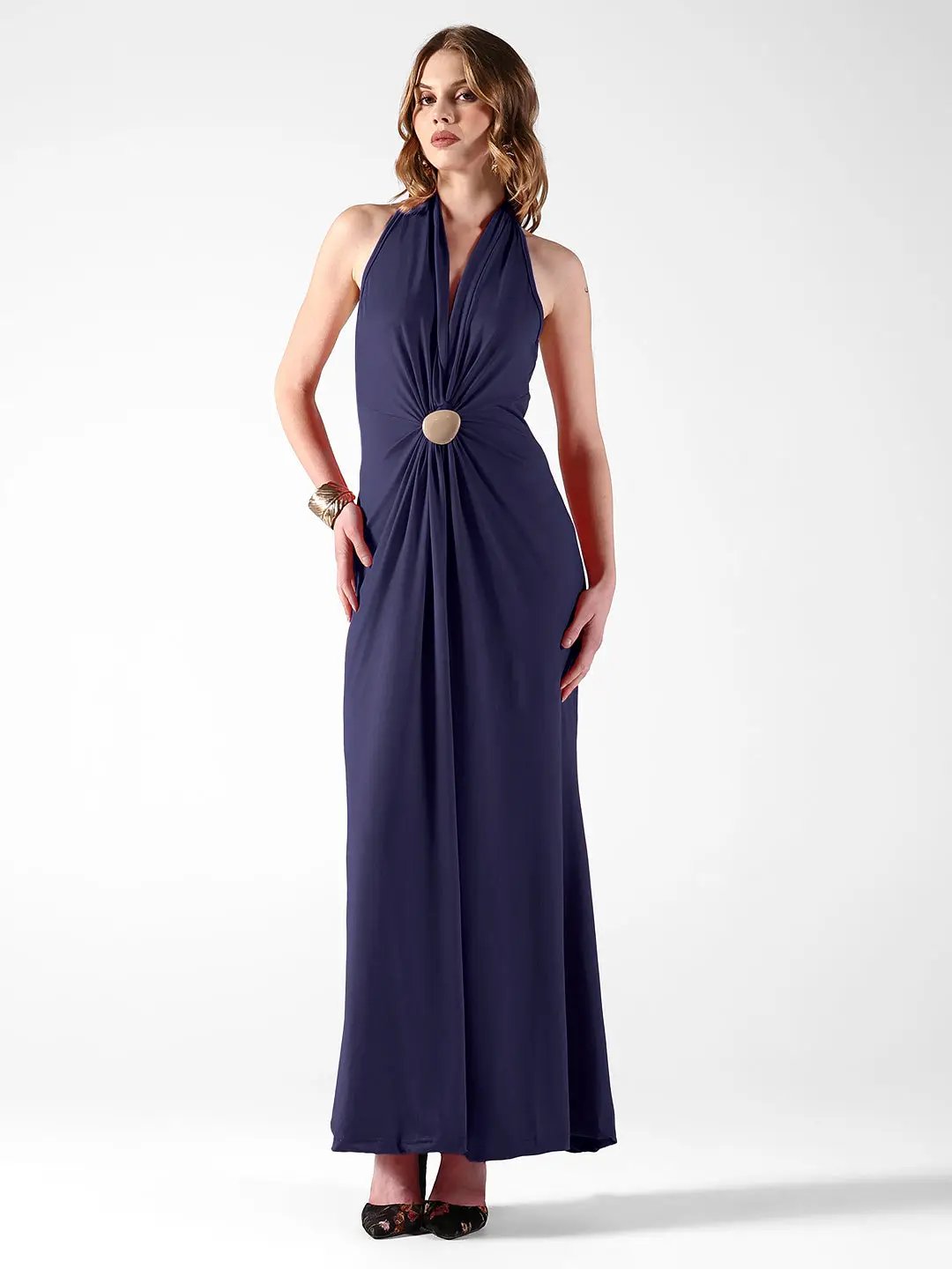 Women's Blue Halter Neck Maxi Dress with Draped Waist