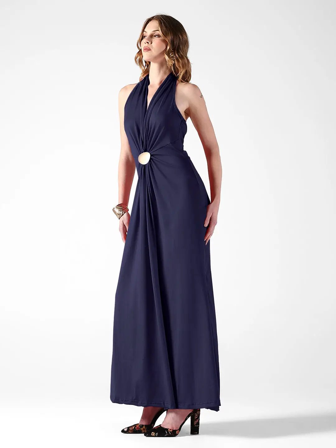 Women's Blue Halter Neck Maxi Dress with Draped Waist