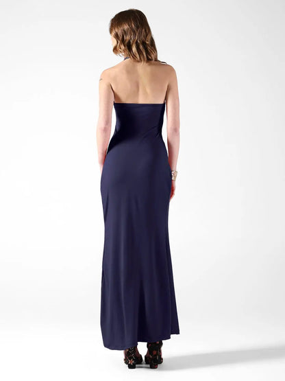 Women's Blue Halter Neck Maxi Dress with Draped Waist