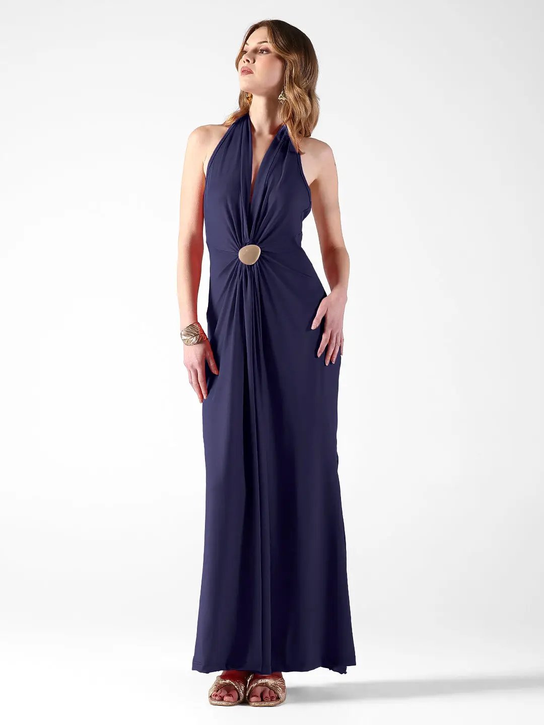 Women's Blue Halter Neck Maxi Dress with Draped Waist