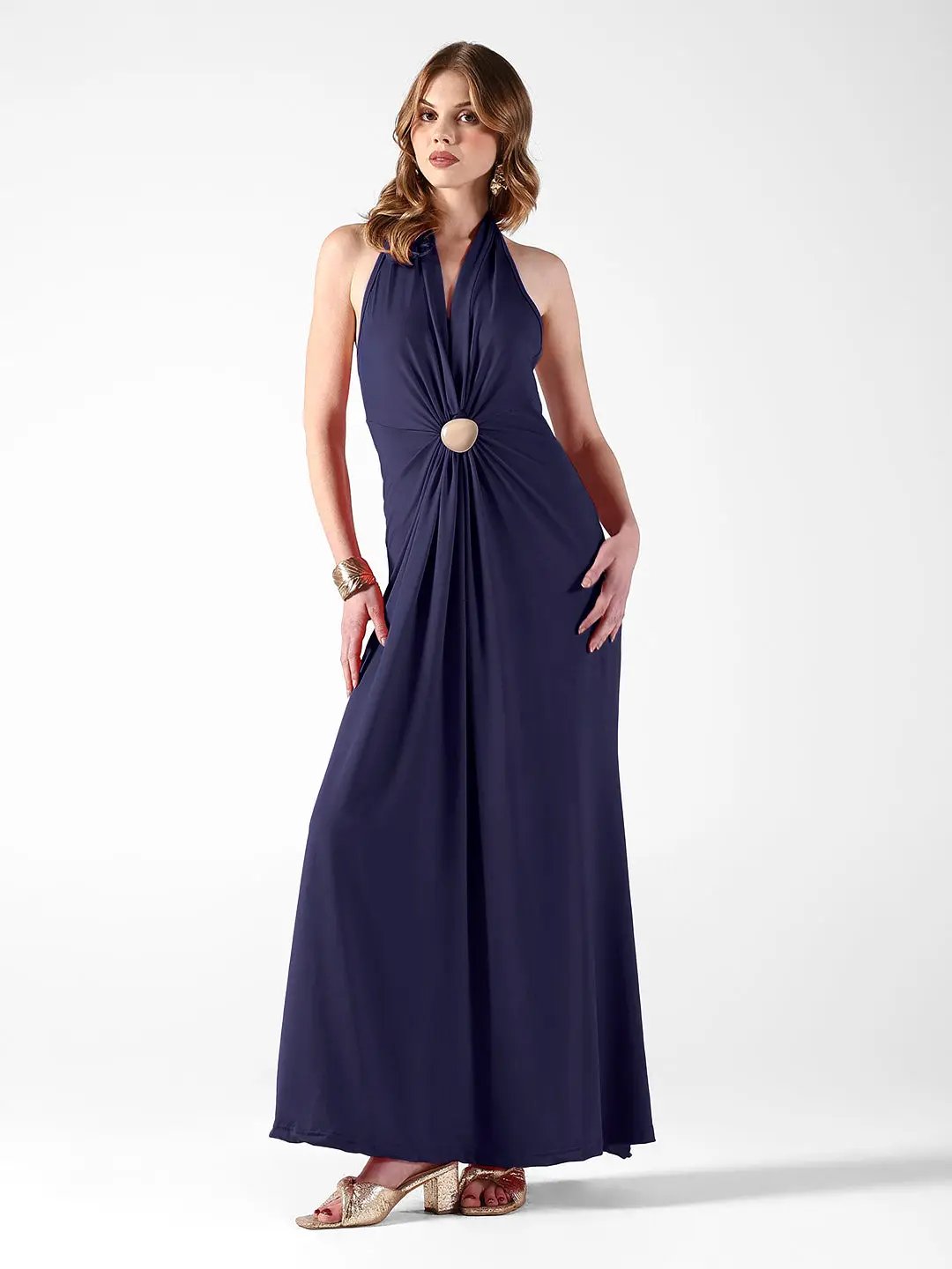 Women's Blue Halter Neck Maxi Dress with Draped Waist