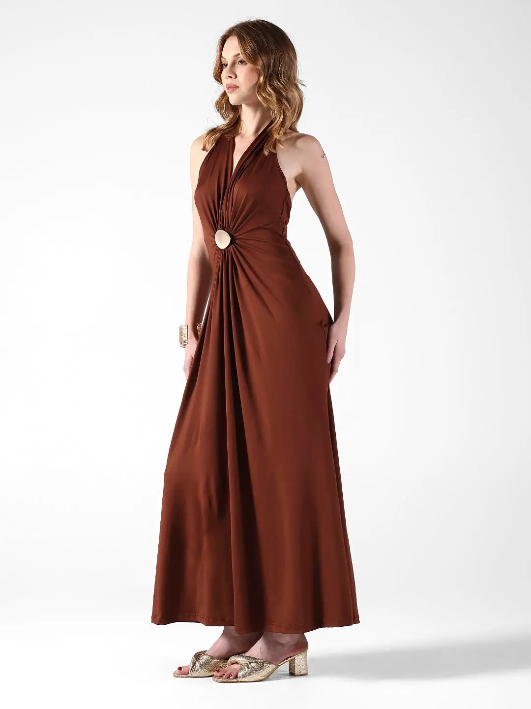 Women's Brown Halter Neck Maxi Dress with Draped Waist