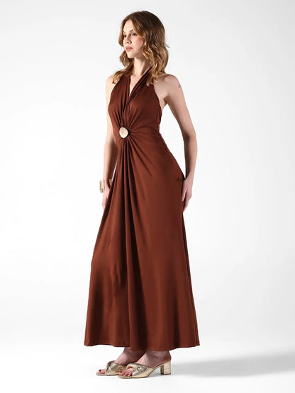 Women's Brown Halter Neck Maxi Dress with Draped Waist