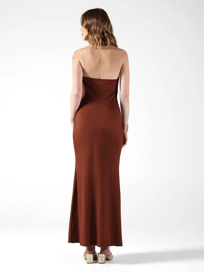 Women's Brown Halter Neck Maxi Dress with Draped Waist