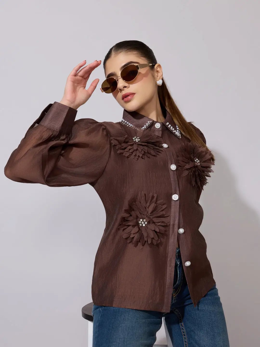 Women's Embellished Brown Sheer Shirt with Floral Applique