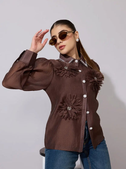 Women's Embellished Brown Sheer Shirt with Floral Applique
