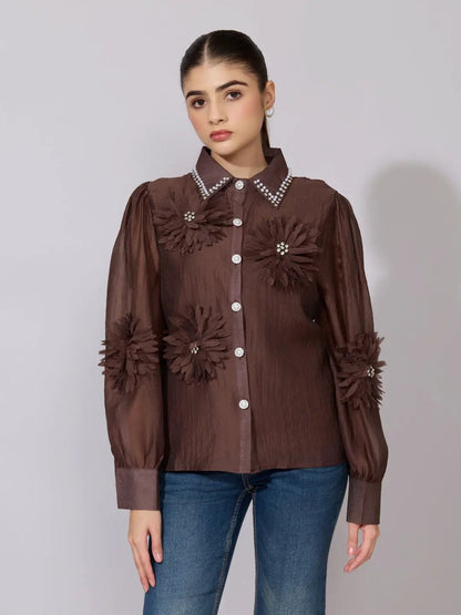 Women's Embellished Brown Sheer Shirt with Floral Applique