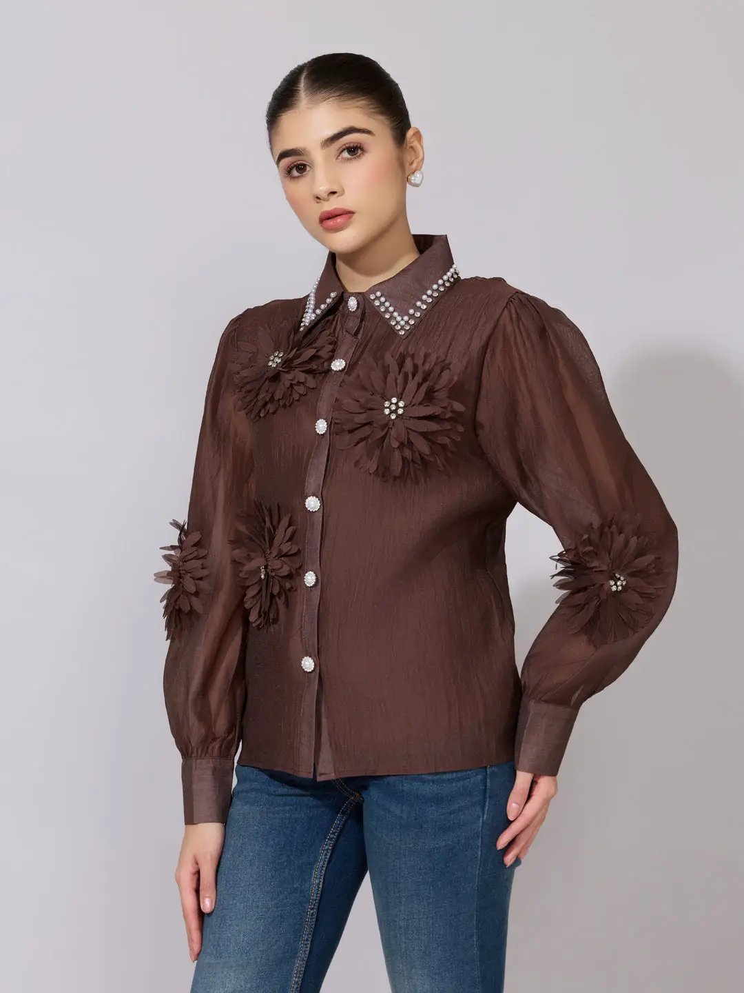 Women's Embellished Brown Sheer Shirt with Floral Applique