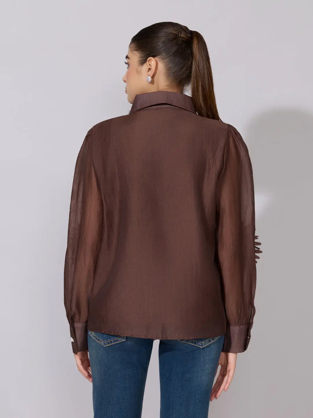 Women's Embellished Brown Sheer Shirt with Floral Applique