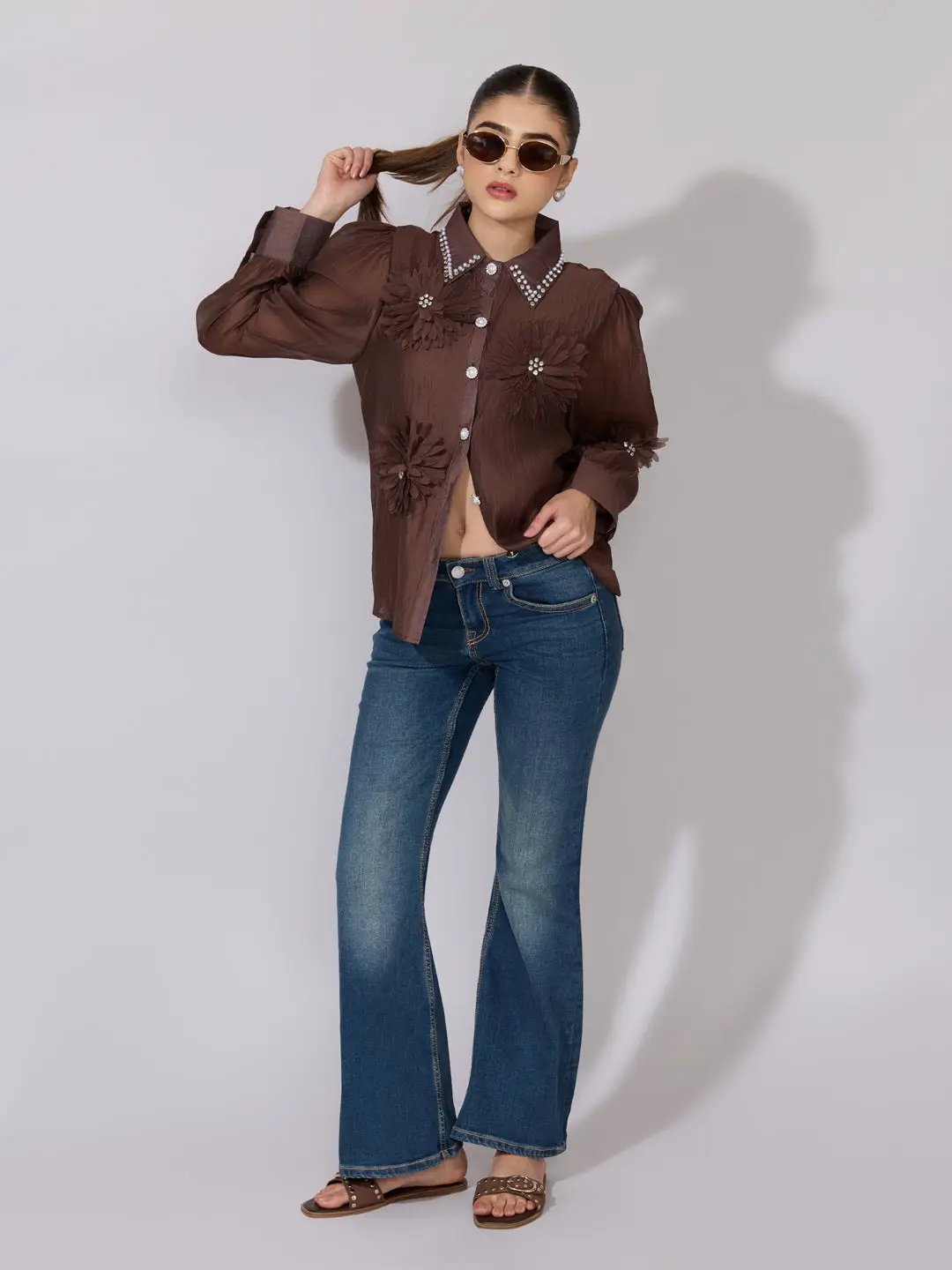 Women's Embellished Brown Sheer Shirt with Floral Applique