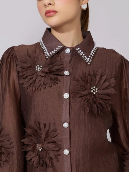 Women's Embellished Brown Sheer Shirt with Floral Applique