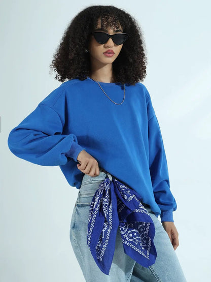 Women's Blue Oversized Round Neck Sweatshirt