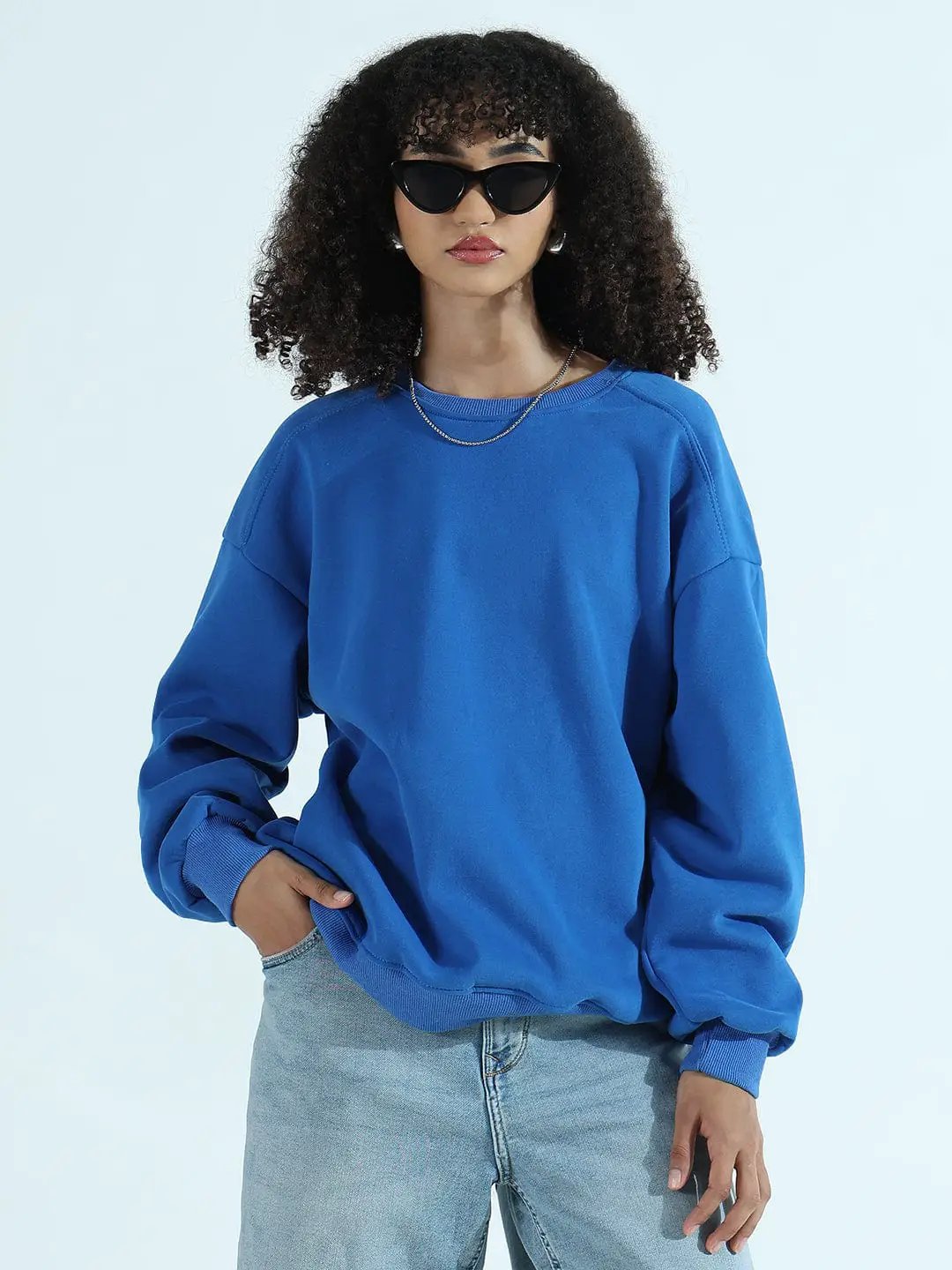 Women's Blue Oversized Round Neck Sweatshirt