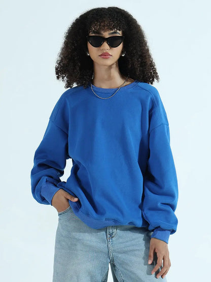 Women's Blue Oversized Round Neck Sweatshirt