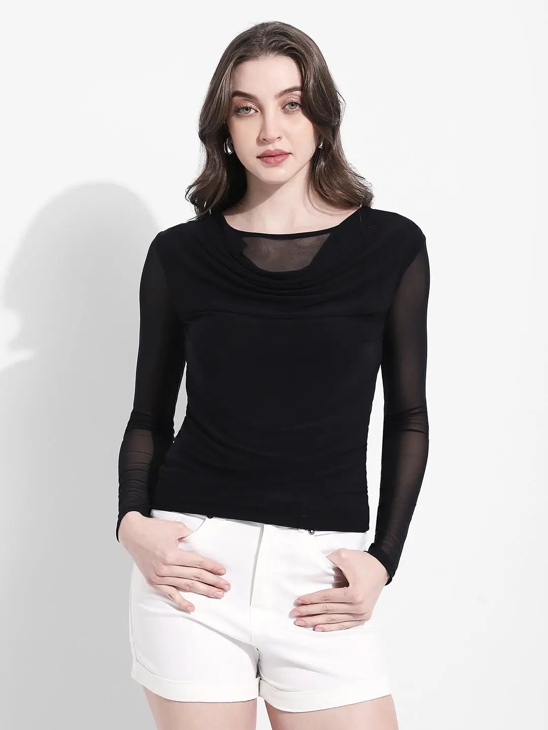 Women's Black Long Sleeve Mesh Top with Draped Neckline