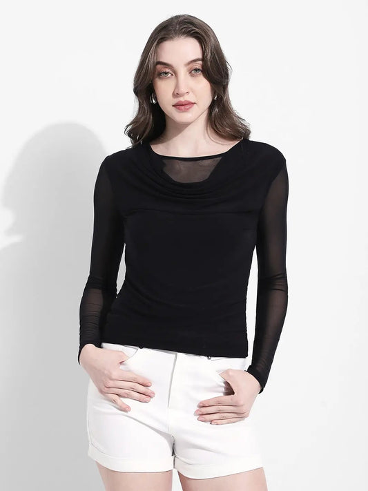 Women's Black Long Sleeve Mesh Top with Draped Neckline