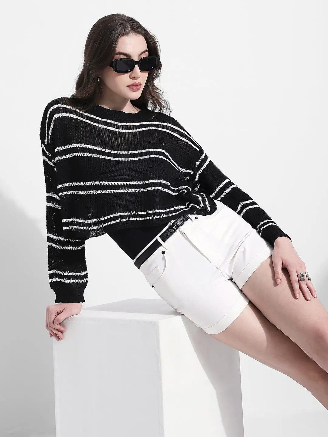 Women's Striped Knit Black & White Top with Inner