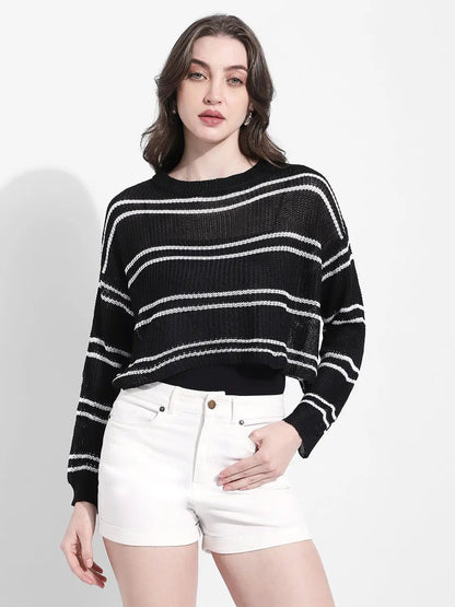 Women's Striped Knit Black & White Top with Inner