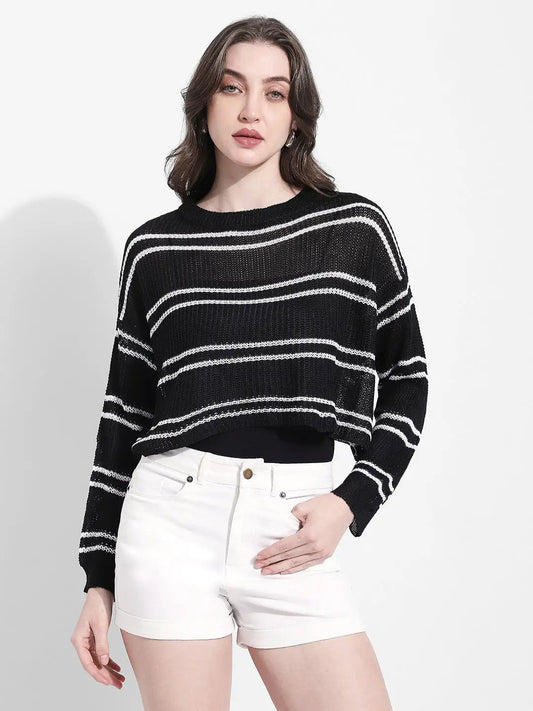Women's Striped Knit Black & White Top with Inner