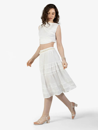 Women's Textured White Tiered Midi Skirt