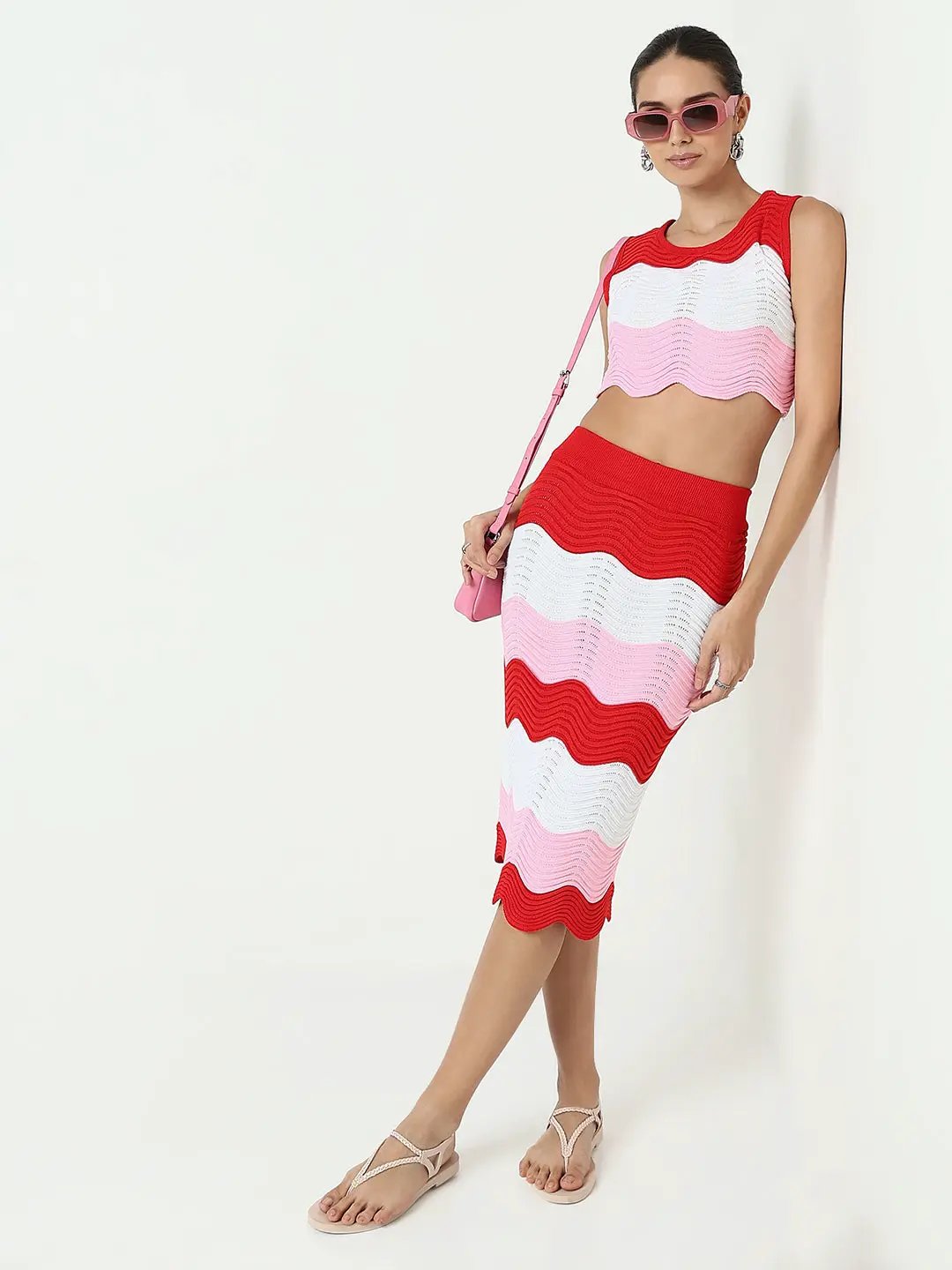 Women's Pink Wavy Knit Pattern Top & Skirt Co Ord Set