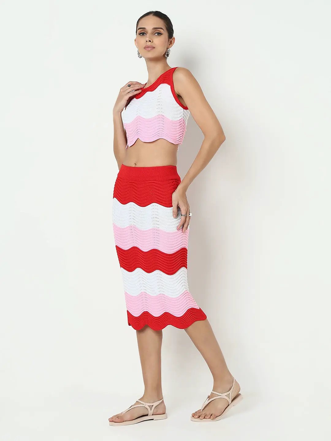 Women's Pink Wavy Knit Pattern Top & Skirt Co Ord Set