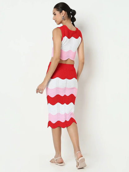 Women's Pink Wavy Knit Pattern Top & Skirt Co Ord Set