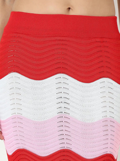 Women's Pink Wavy Knit Pattern Top & Skirt Co Ord Set