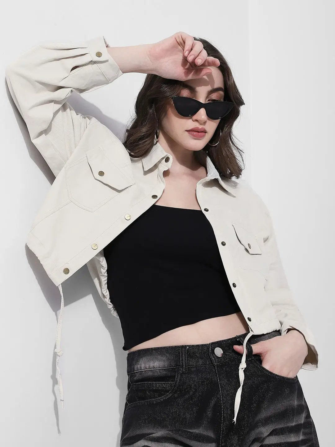 Women's Off White Cropped Denim Jacket with Adjustable Hem