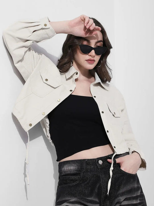 Women's Off White Cropped Denim Jacket with Adjustable Hem