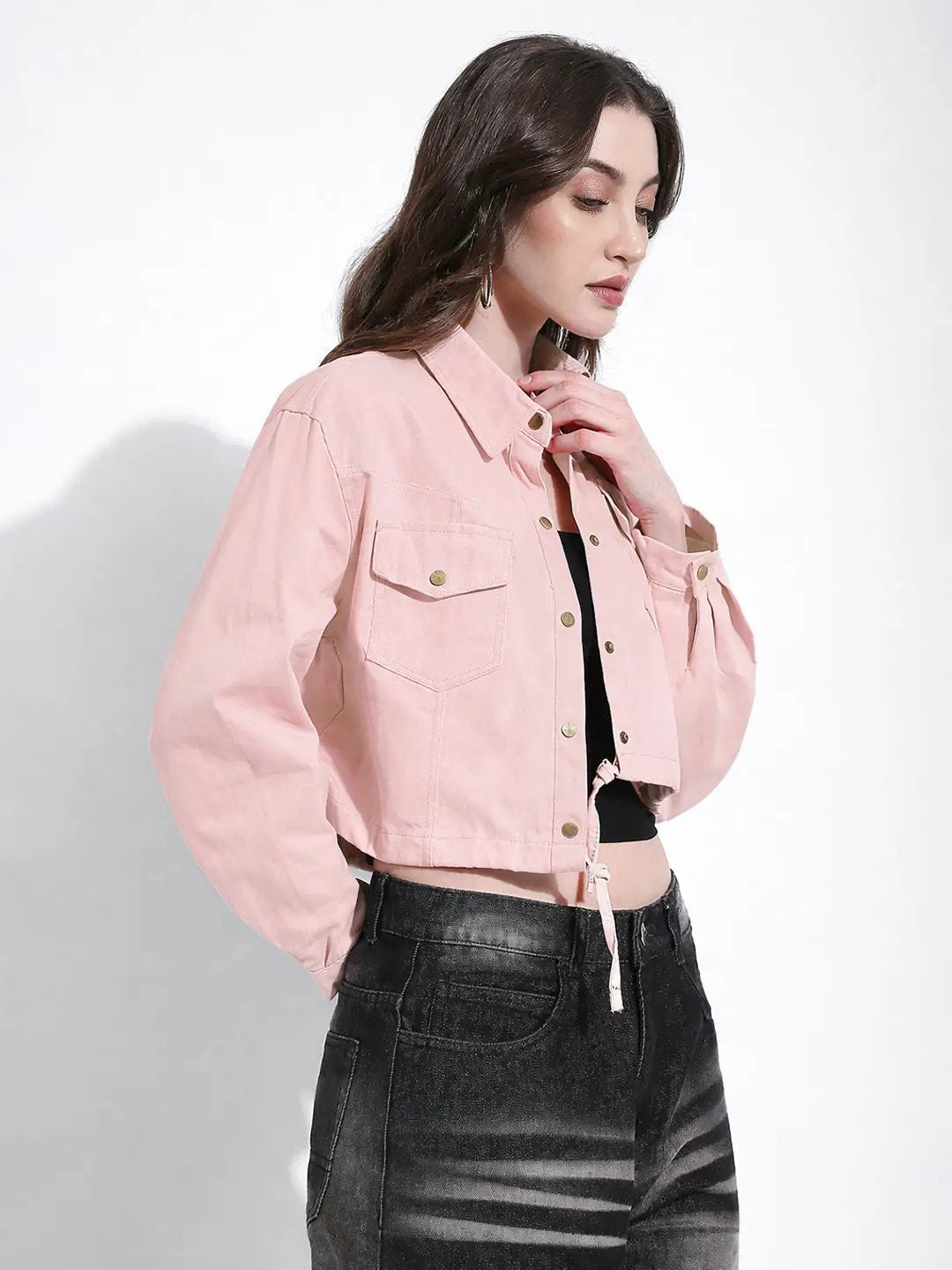 Women's Pink Cropped Denim Jacket with Adjustable Hem