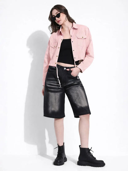 Women's Pink Cropped Denim Jacket with Adjustable Hem