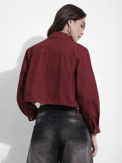 Women's Maroon Cropped Denim Jacket with Elasticated Hem