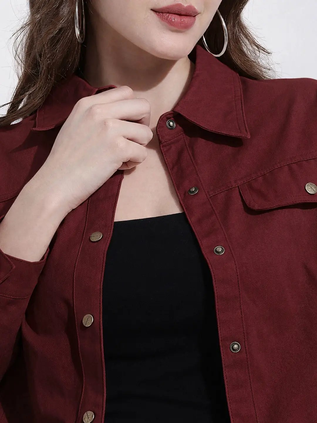 Women's Maroon Cropped Denim Jacket with Elasticated Hem