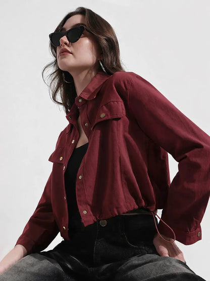 Women's Maroon Cropped Denim Jacket with Elasticated Hem