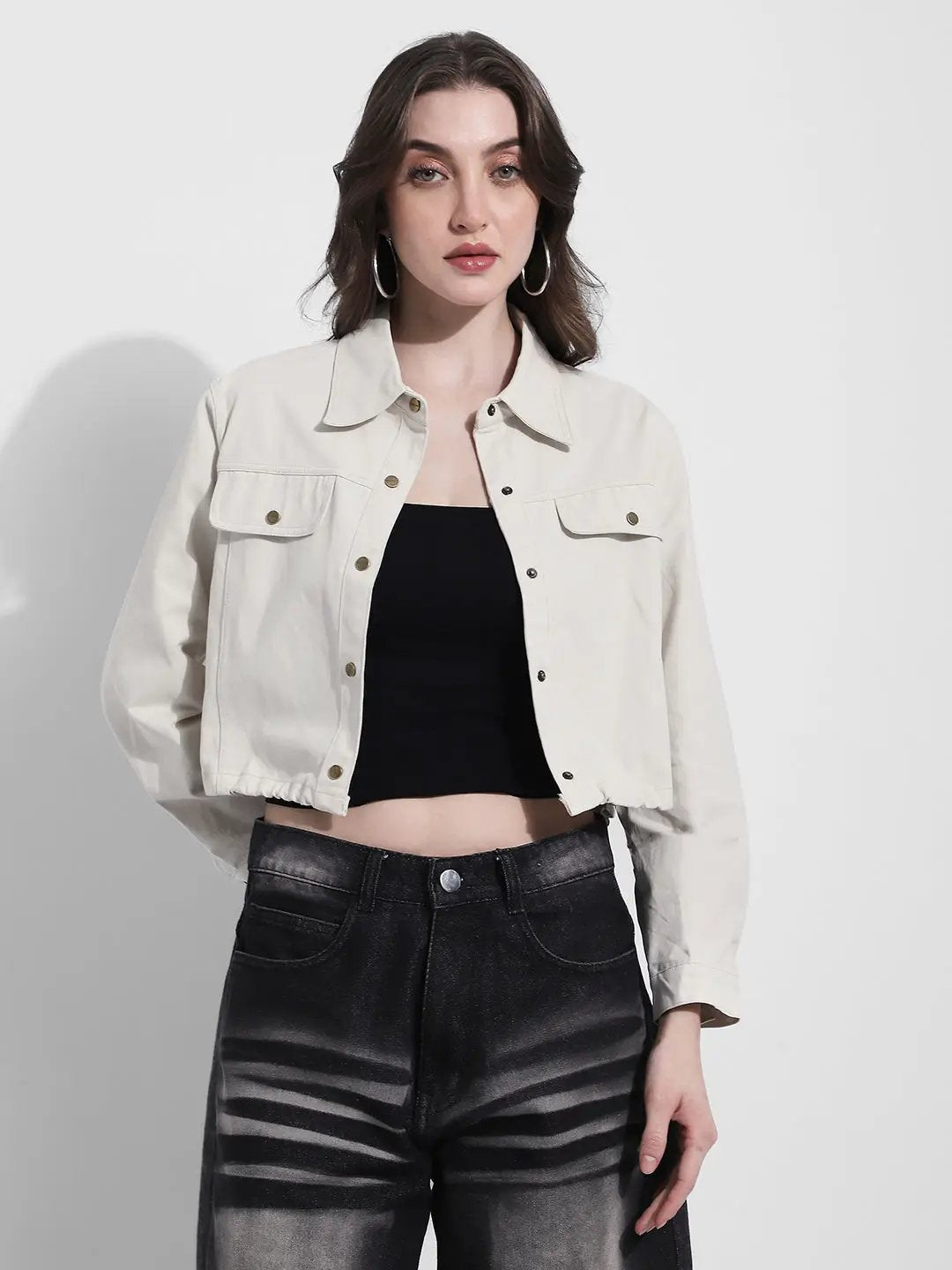 Women's Off White Cropped Denim Jacket with Elasticated Hem