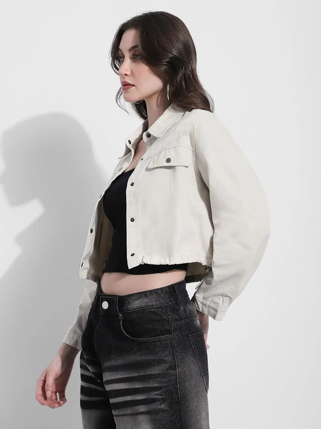 Women's Off White Cropped Denim Jacket with Elasticated Hem