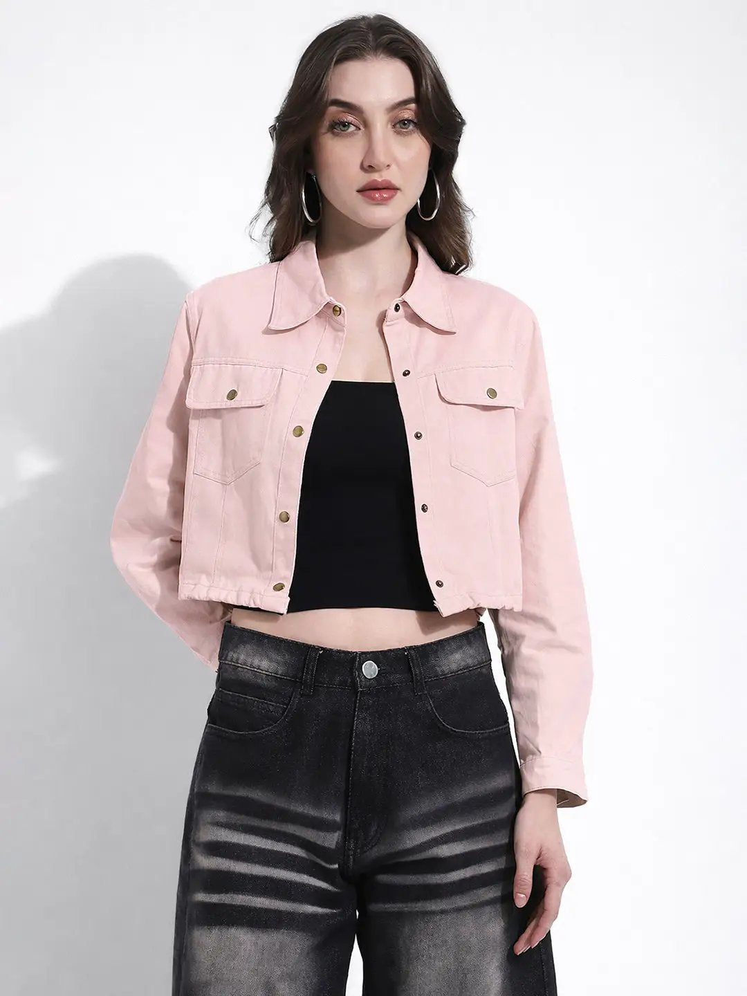 Women's Pink Cropped Denim Jacket with Elasticated Hem