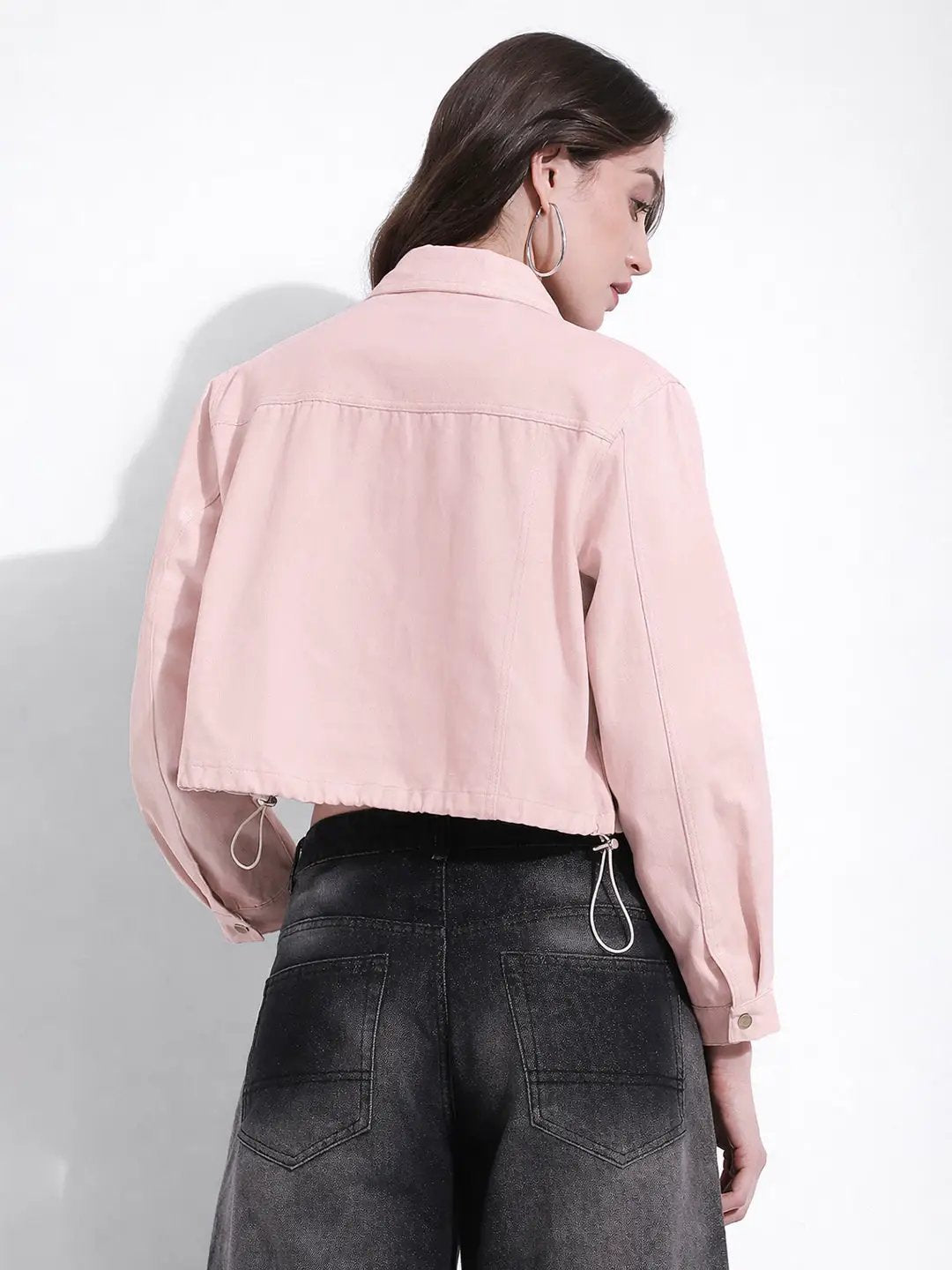 Women's Pink Cropped Denim Jacket with Elasticated Hem